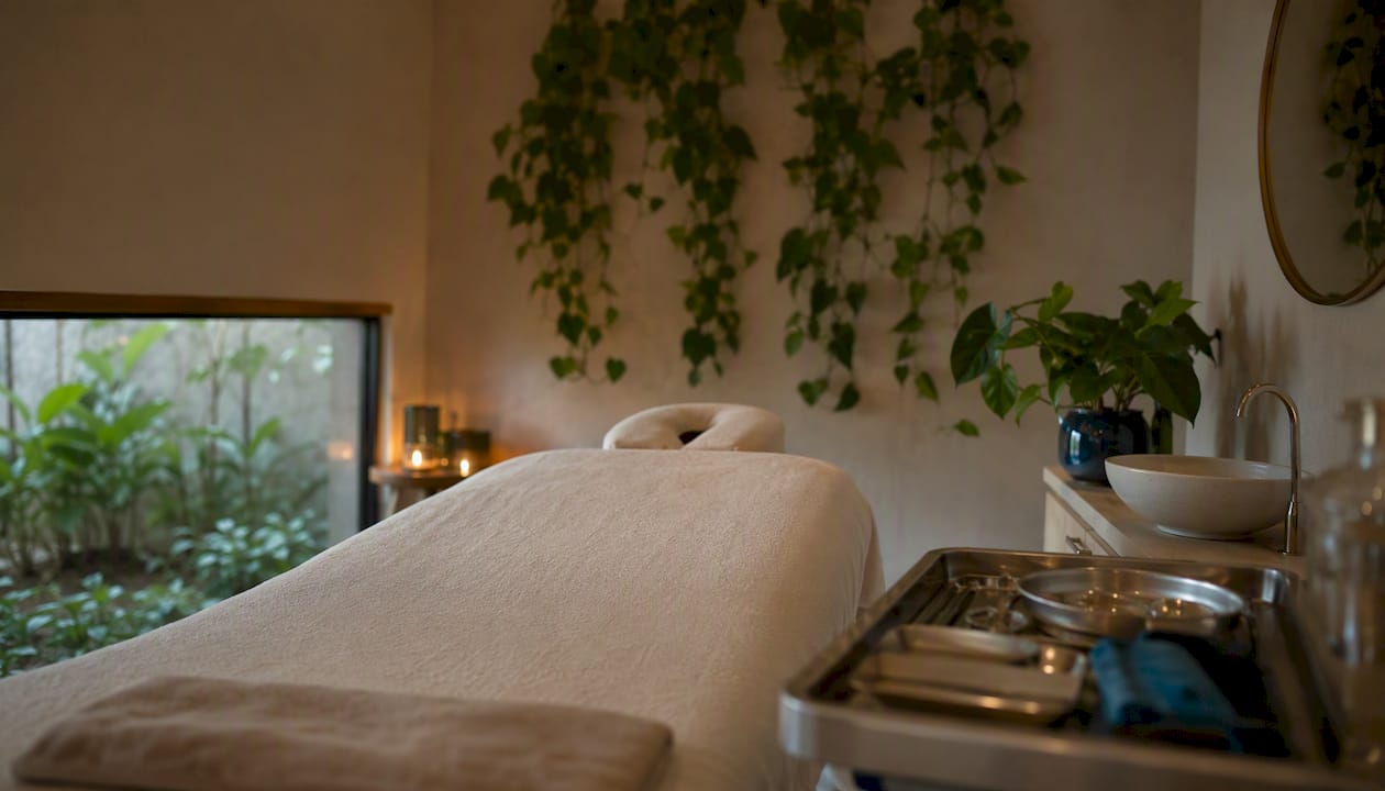 Ambiente elegante e curato di una sala trattamenti spa, ideale per chi cerca professionalità e relax.