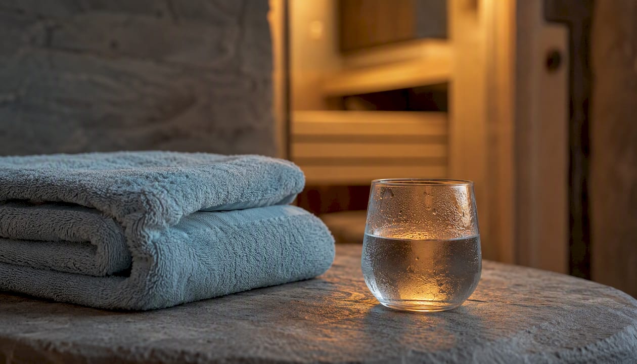 Un morbido asciugamano da spa e un bicchiere d’acqua fresca poggiati sulla panca vicino alla sauna.