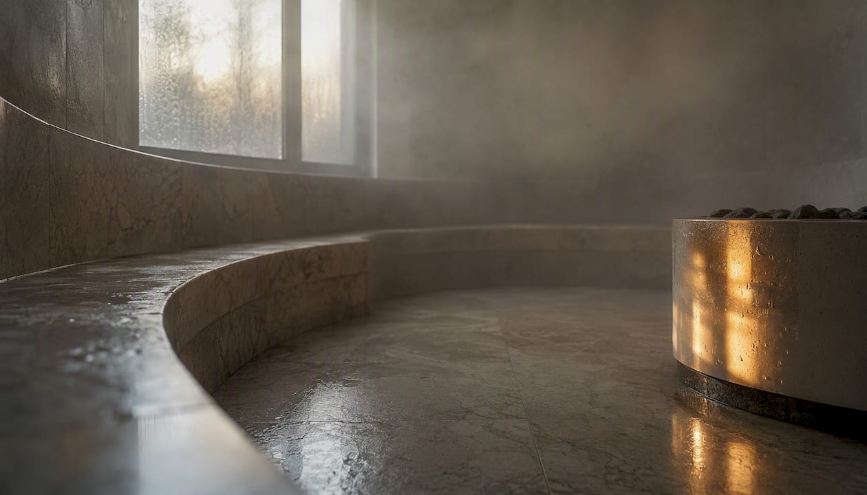 Ambiente interno in marmo di un tradizionale bagno turco, avvolto dal vapore.