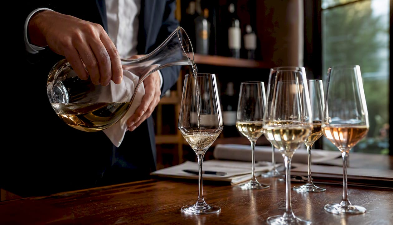 Un sommelier serve un calice di vino analcolico