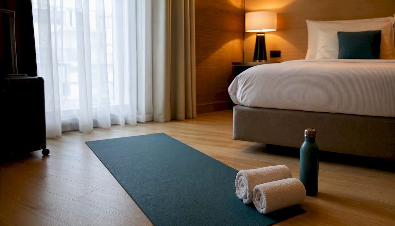 Angolo fitness in camera d’albergo con tappetino per lo yoga