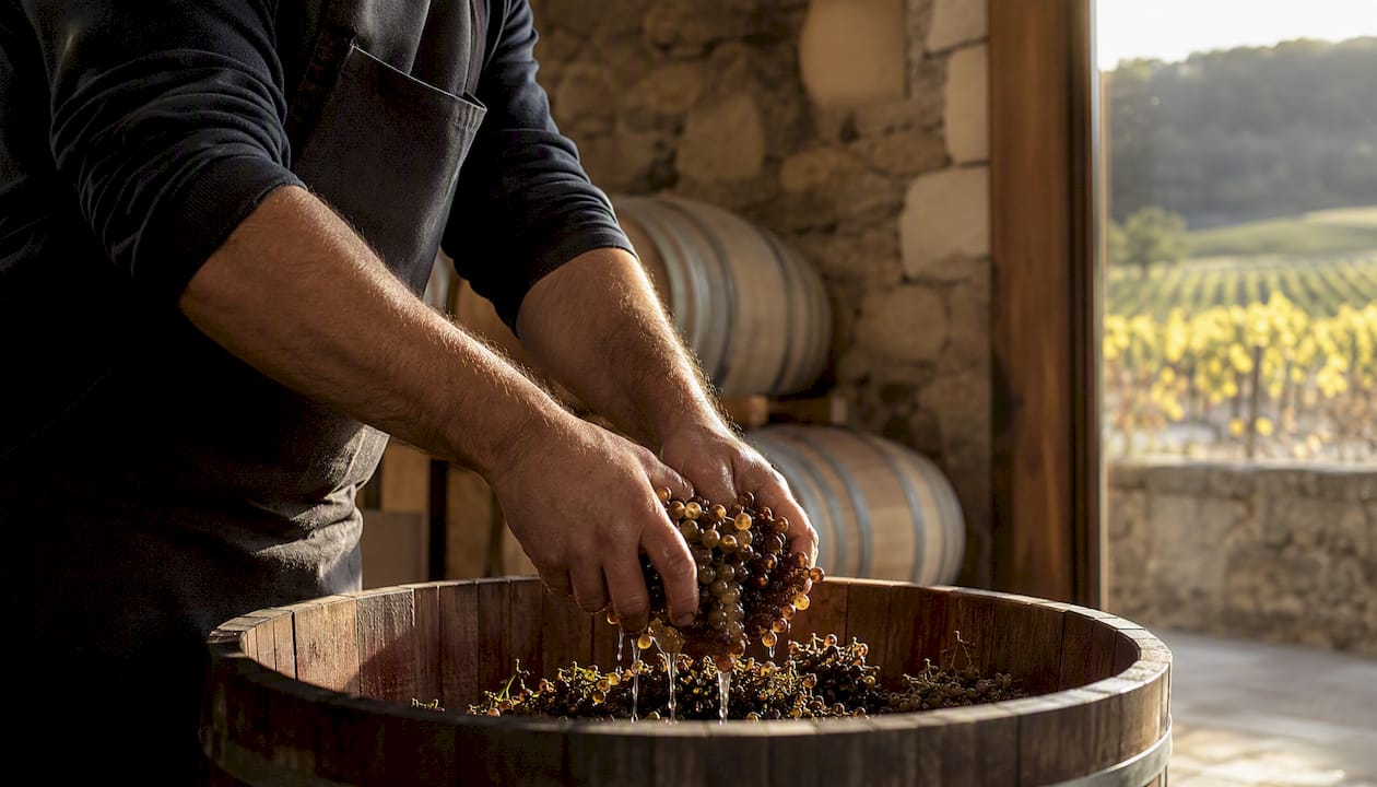 Le mani che pigiano delicatamente gli acini d’uva durante la fase del Ripasso