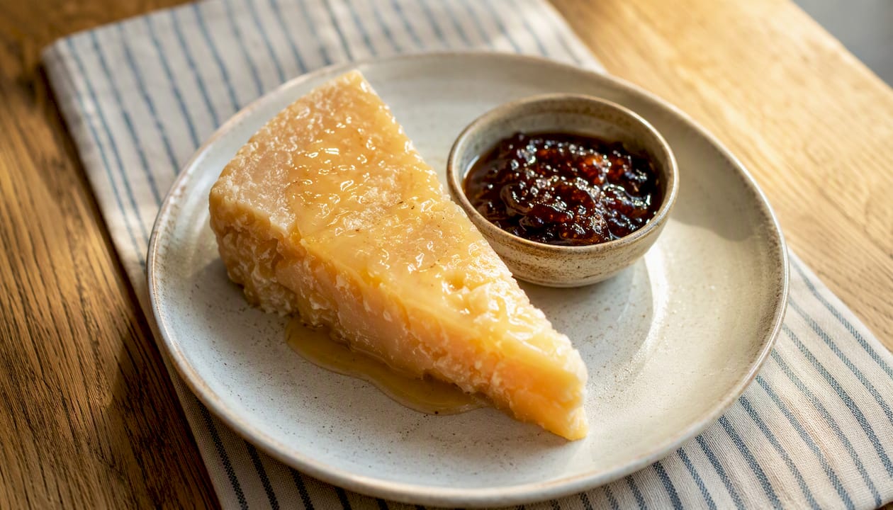 Parmigiano stagionato accompagnato da miele di castagno e confettura di fichi: un abbinamento raffinato che esalta i sapori autentici della tradizione italiana.