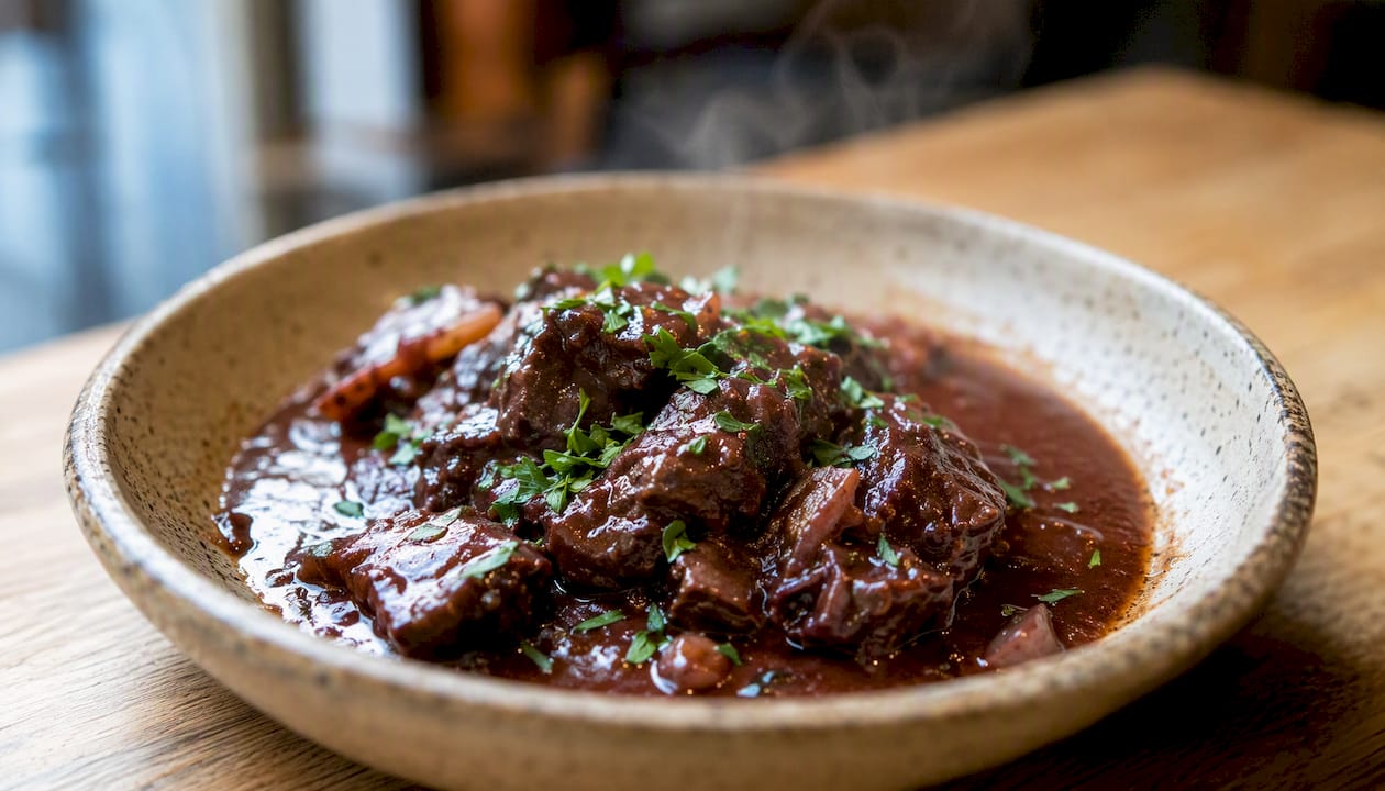 Spezzatino di manzo brasato servito con una salsa corposa al vino rosso