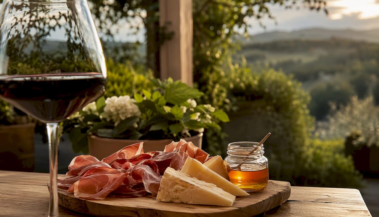 Calice di Amarone accompagnato da un tagliere di salumi su tavolo in legno