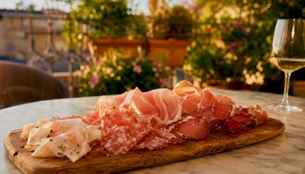 Selezione di salumi tipici veneti serviti su tagliere di legno