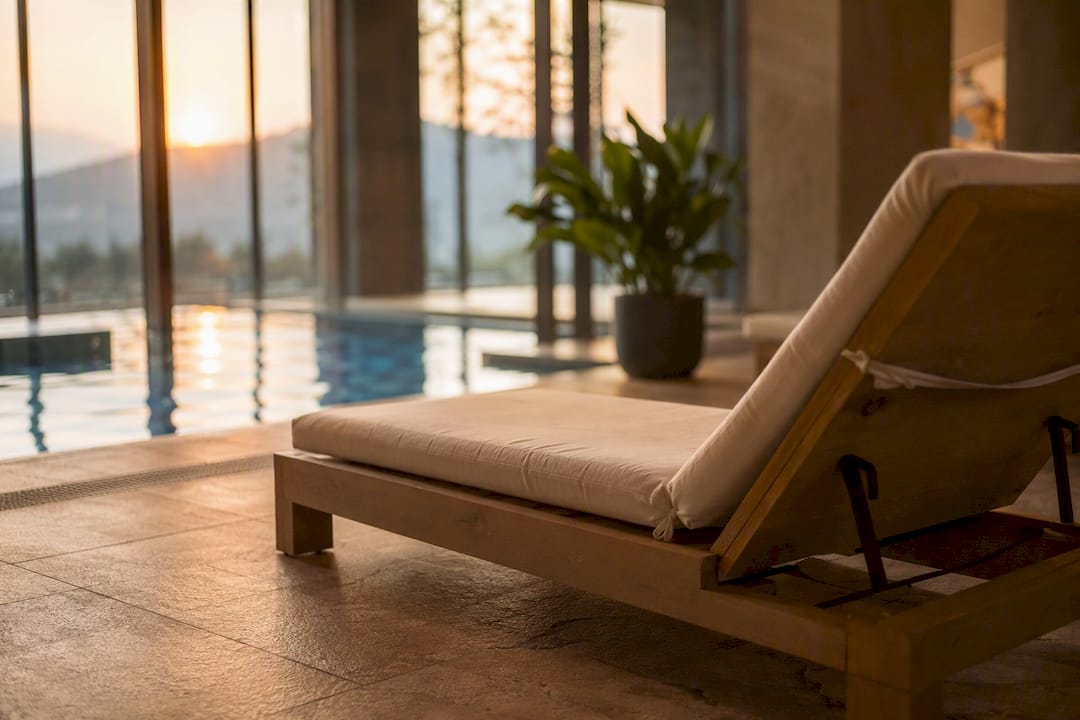 Panchina della sauna con asciugamani e secchio posizionata accanto alla piscina.
