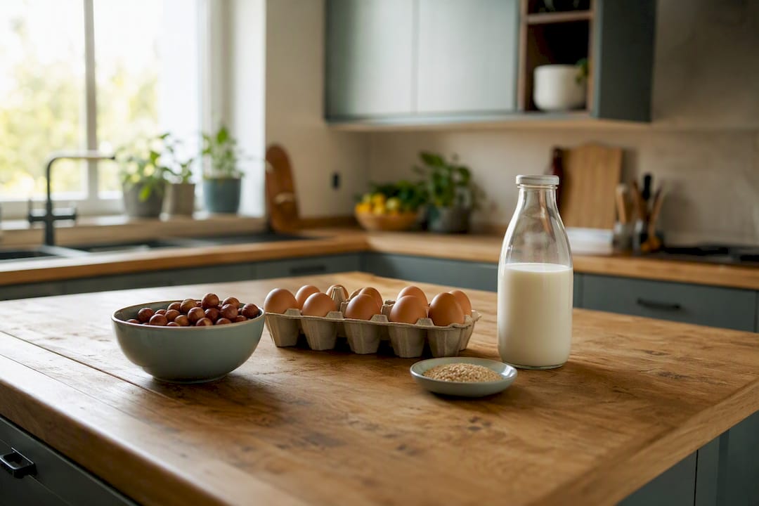 Ingredienti alimentari allergenici su un tavolo di legno in cucina