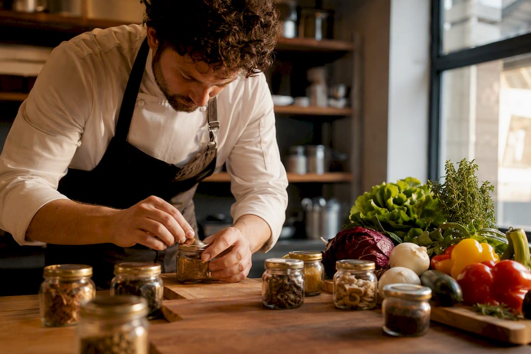Chef che maneggia ingredienti etichettati in cucina