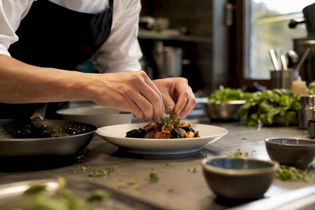 Chef che impiatta un piatto per un pranzo di lavoro