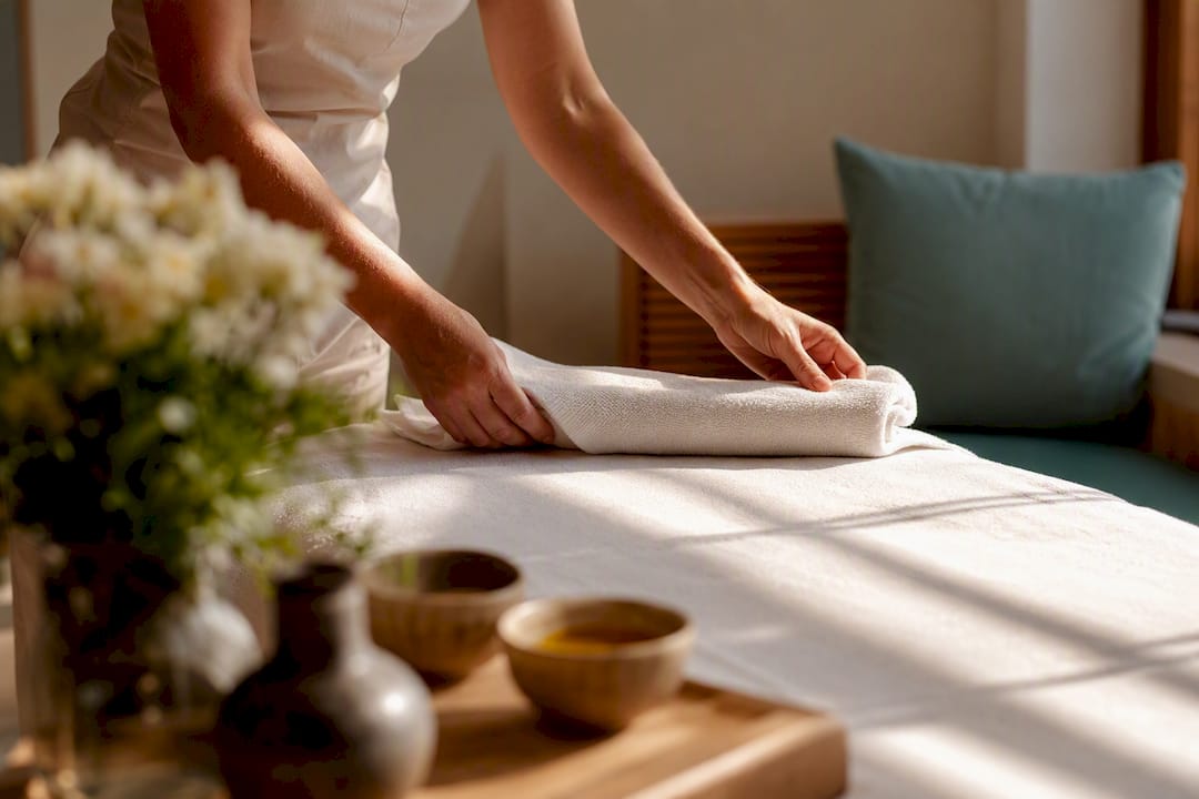 Mani che piegano asciugamani per massaggio spa