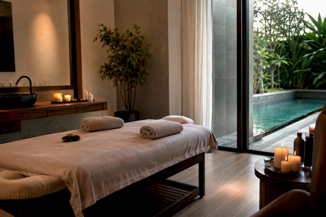 Sala spa allestita per massaggio di coppia