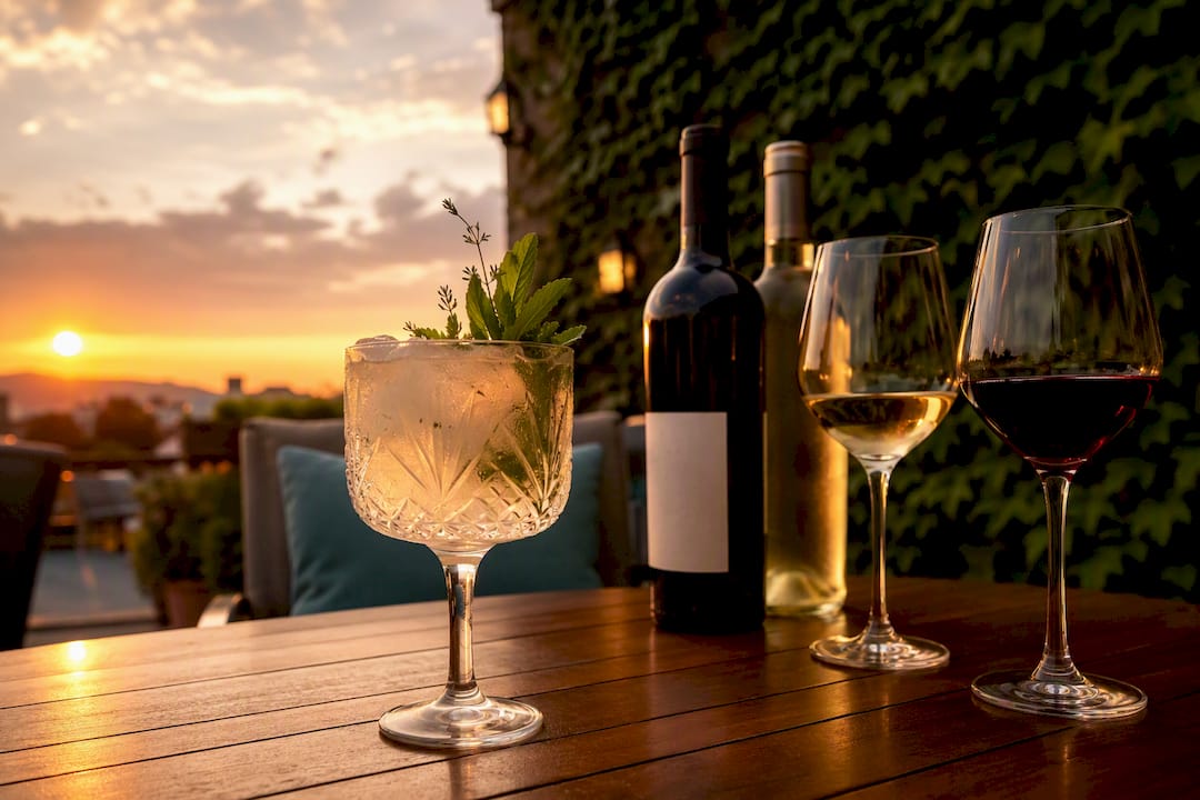 Allestimento di cocktail e vino sulla terrazza panoramica