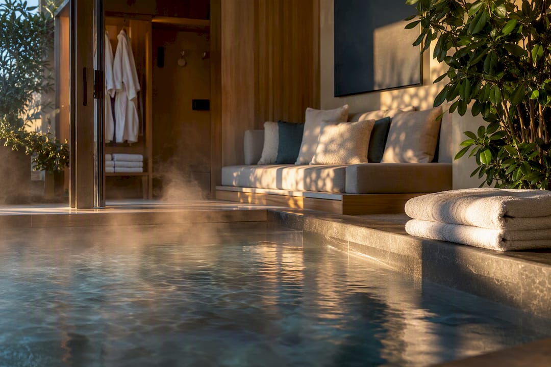 Bordo piscina della spa dell'hotel con asciugamani e accessori