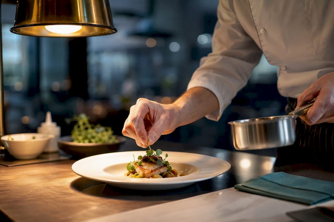 Lo chef completa un piatto durante lo showcooking