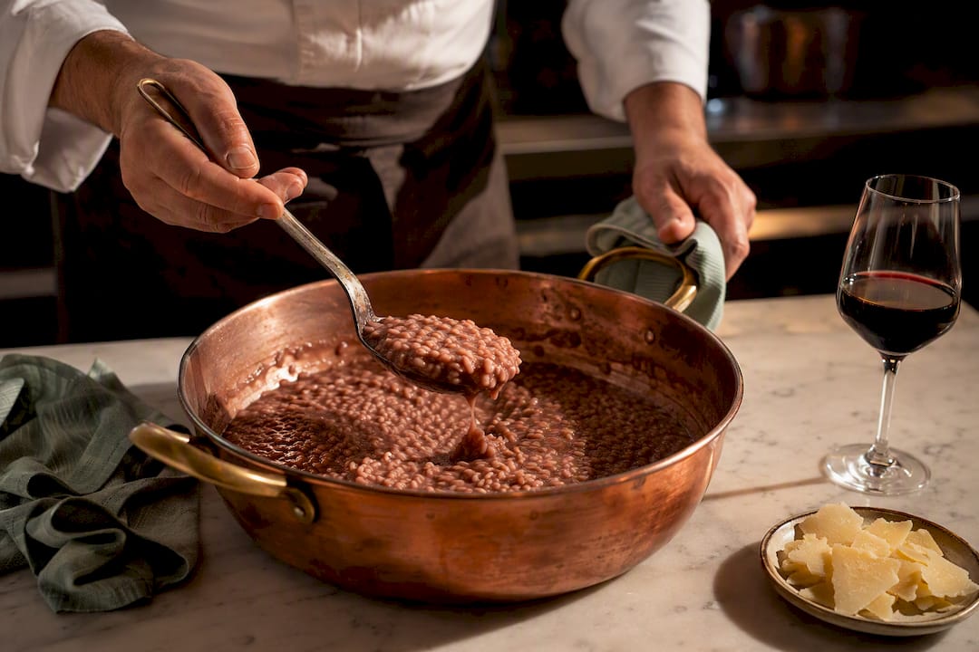 Risotto all'Amarone durante la mantecatura