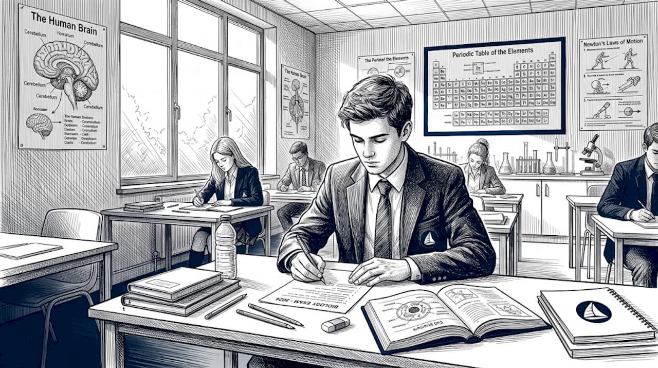 Students taking science exams in classroom
