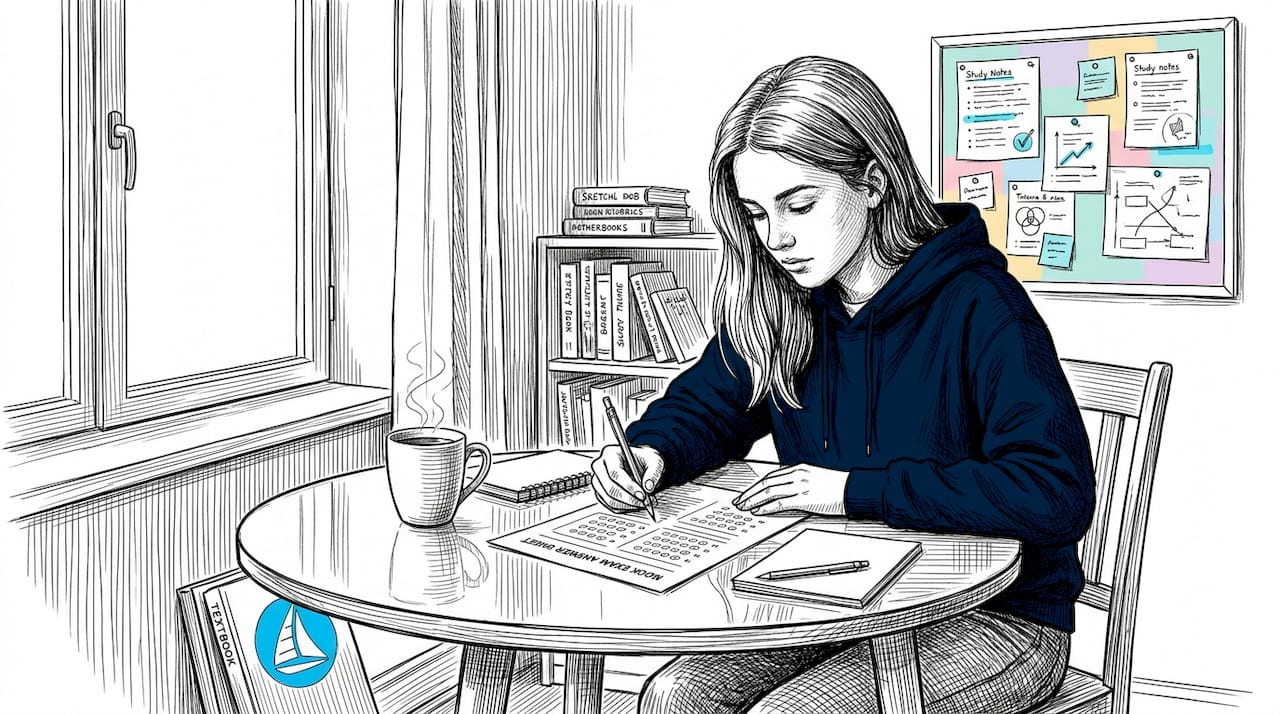 Student takes IB mock exam at bedroom desk