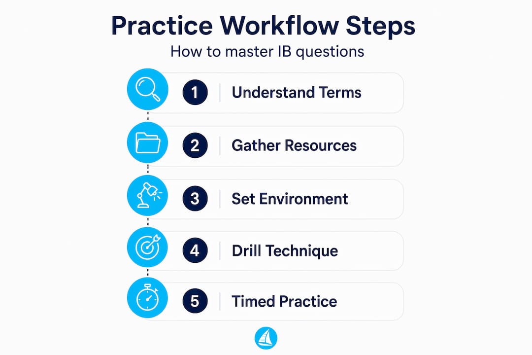 Infographic showing IB question practice workflow steps