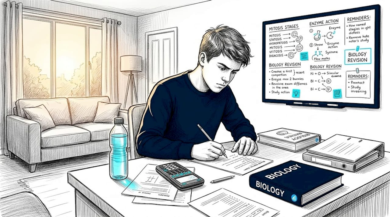 Student at desk working through biology practice papers