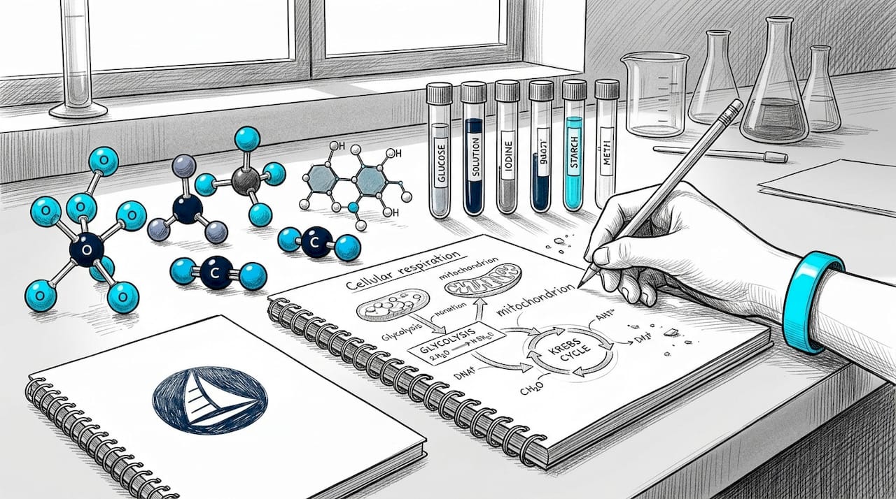 Lab table with glucose, oxygen models and biology notes