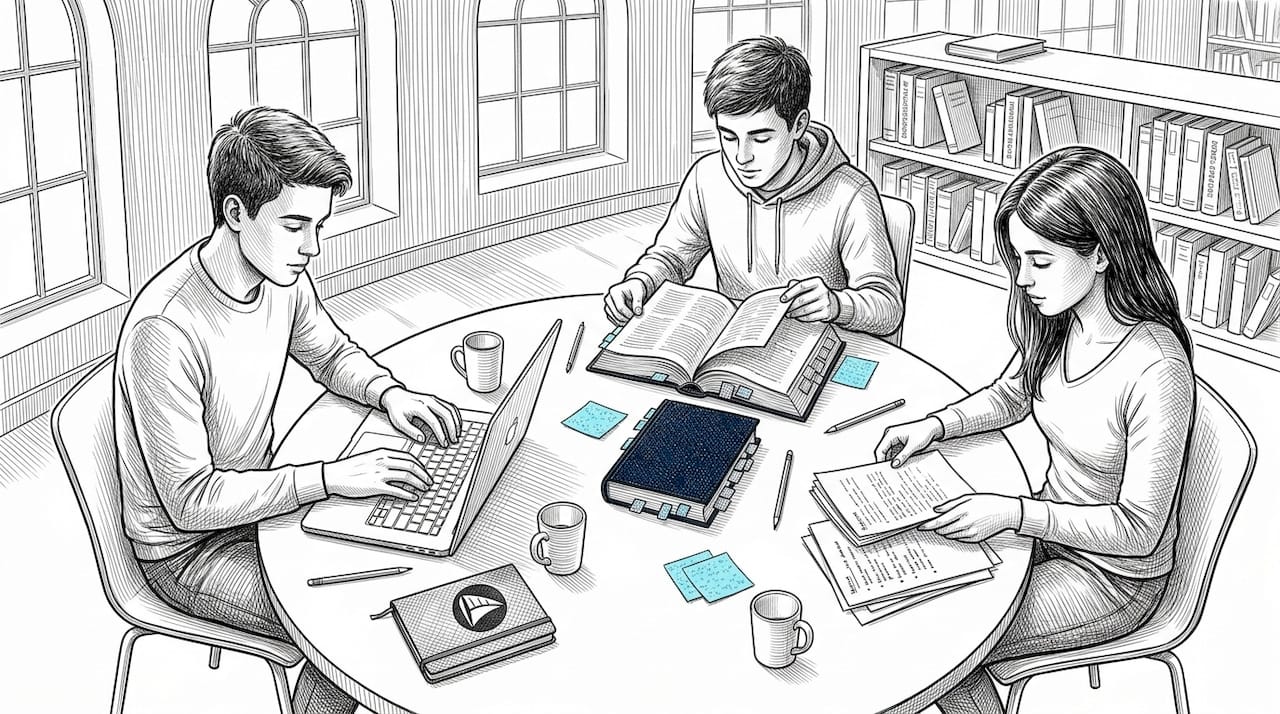 Students collaborating in school library on IB assignments