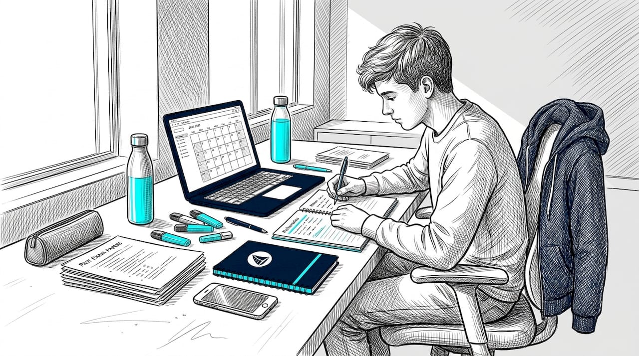 Student jotting maths notes at bedroom desk