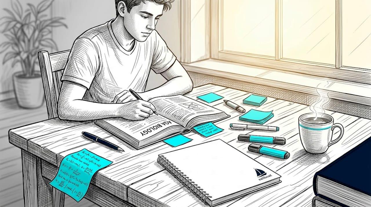 Student reviewing IB biology at kitchen table