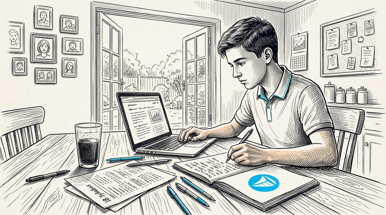 Teen studying IB coursework at family kitchen table