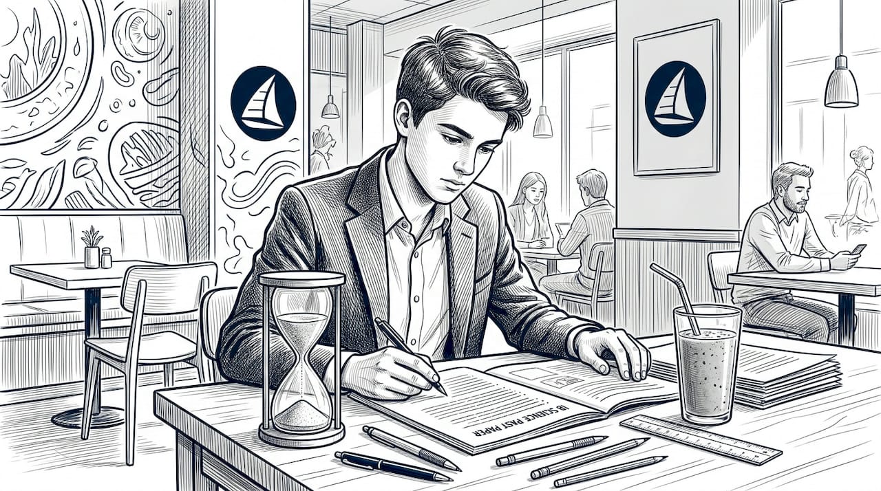 Student working on timed IB exam at kitchen table