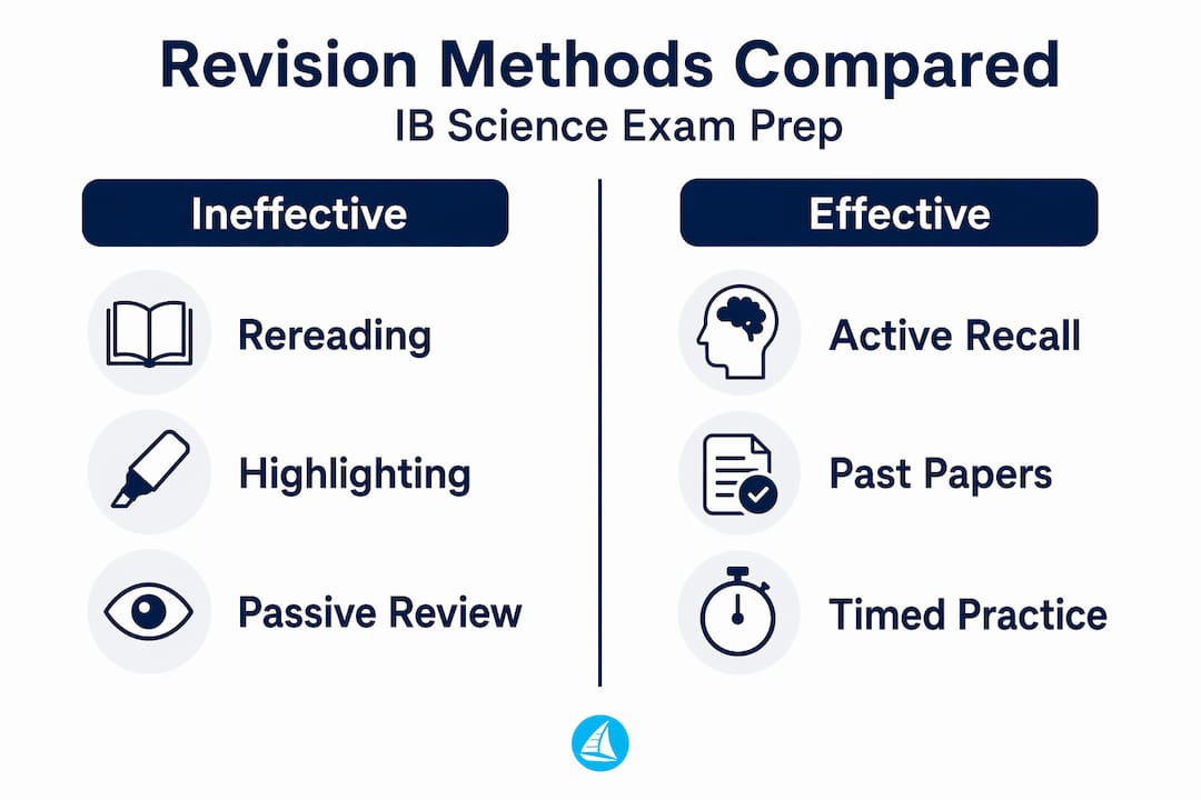 Comparison infographic of effective versus ineffective IB revision methods