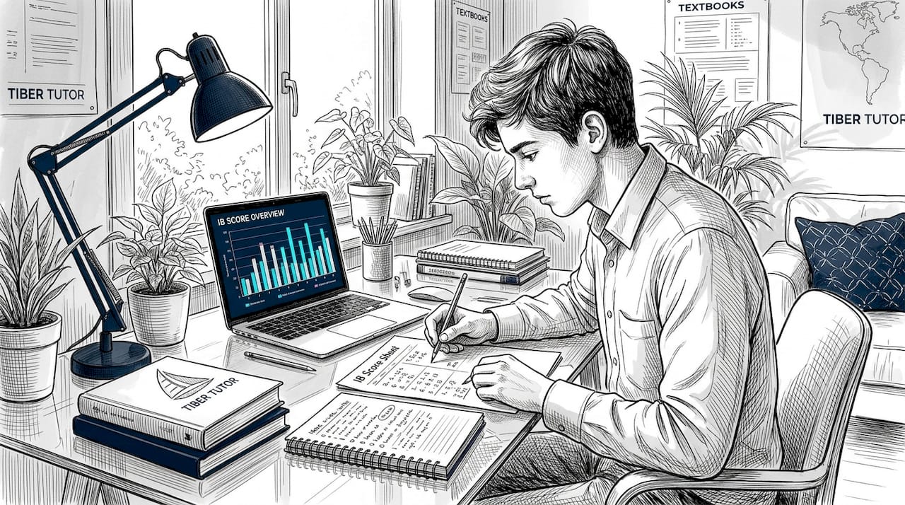 Student calculating IB score at desk