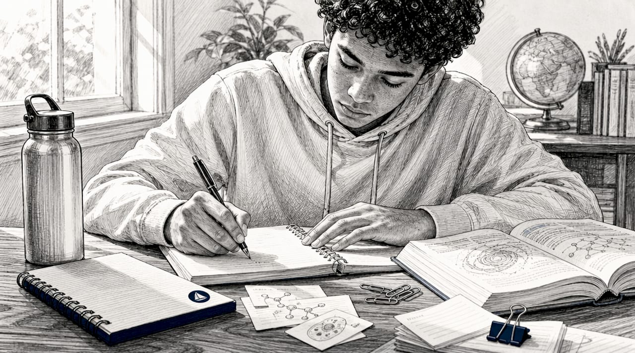 Student practicing science exam recall at desk