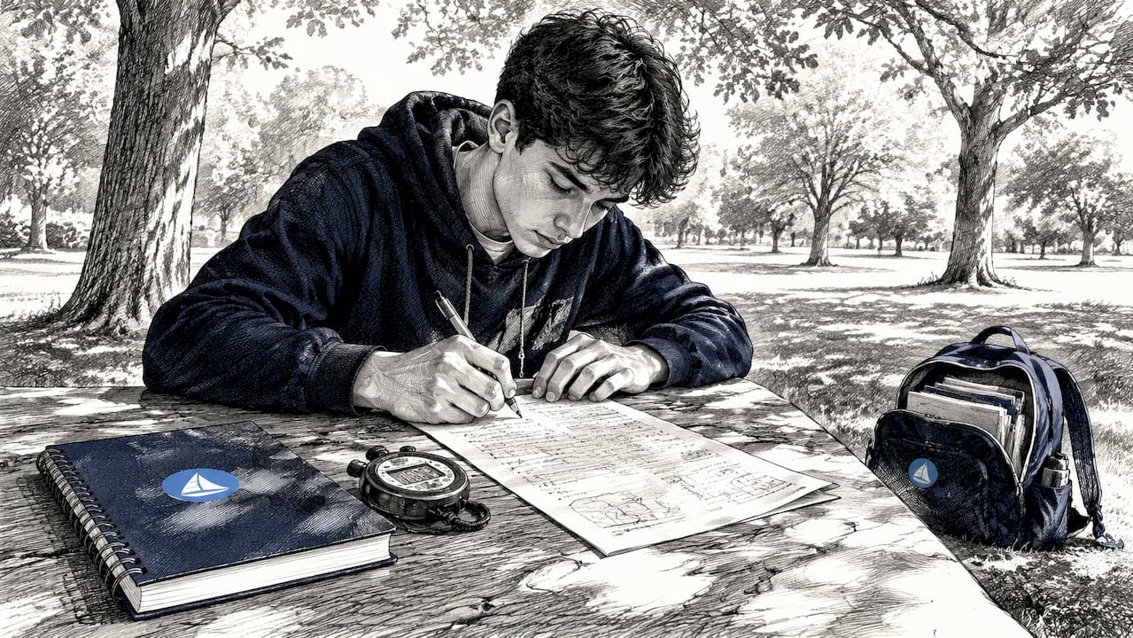 Student focused on timed mock exam paper