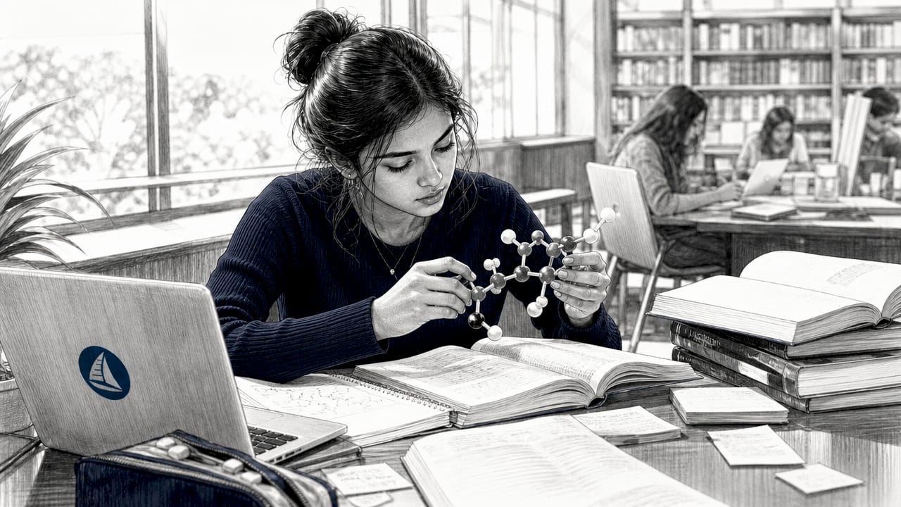 Student studying molecular structure model