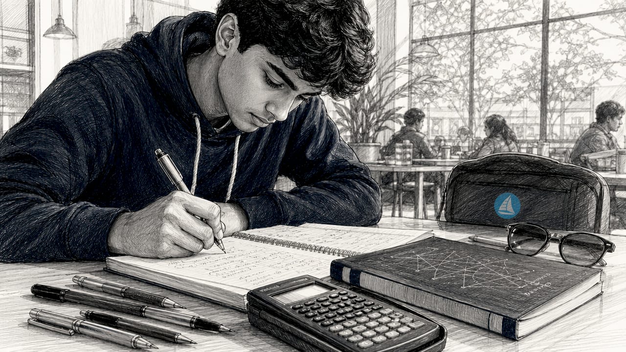 Student writing IA notes at study desk