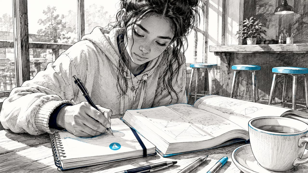 Student studying IB Maths vocabulary at desk