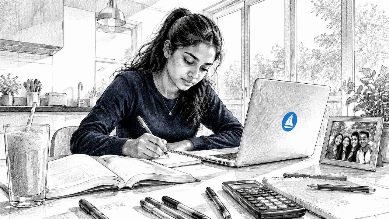 Student studying with laptop and notes