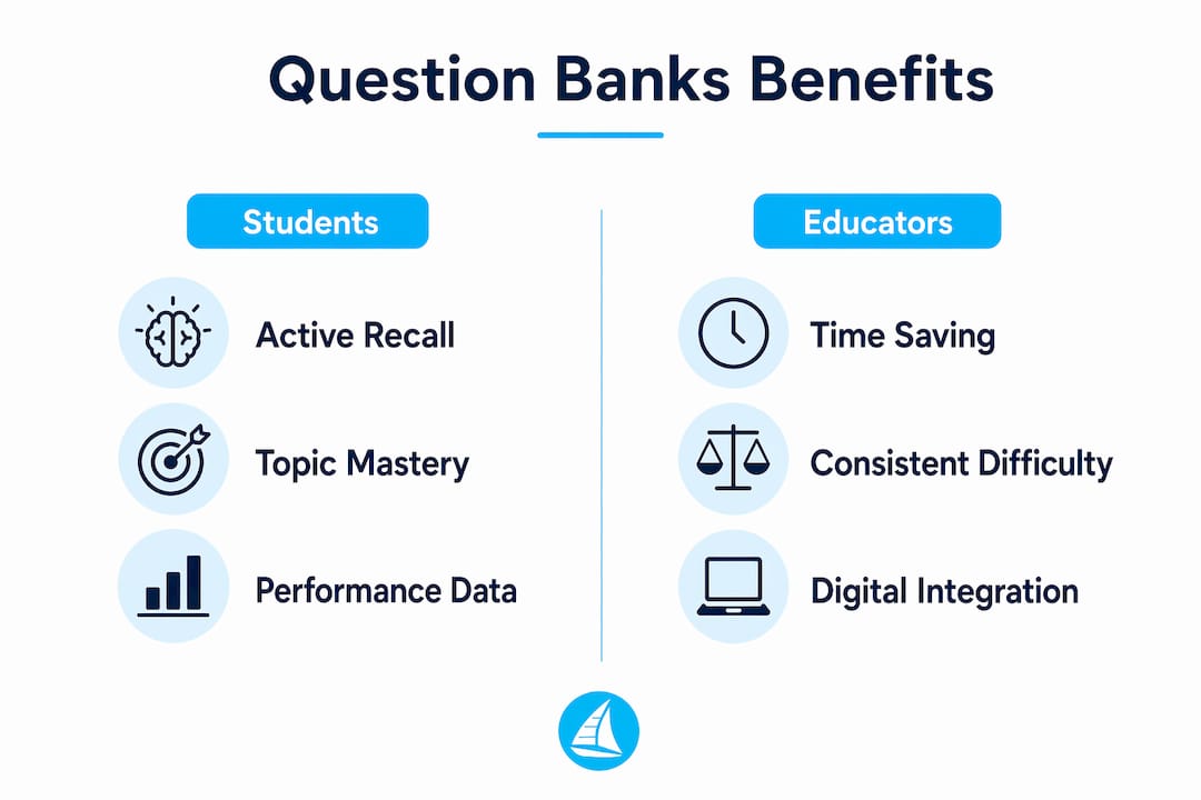 Infographic showing benefits of question banks for students and educators