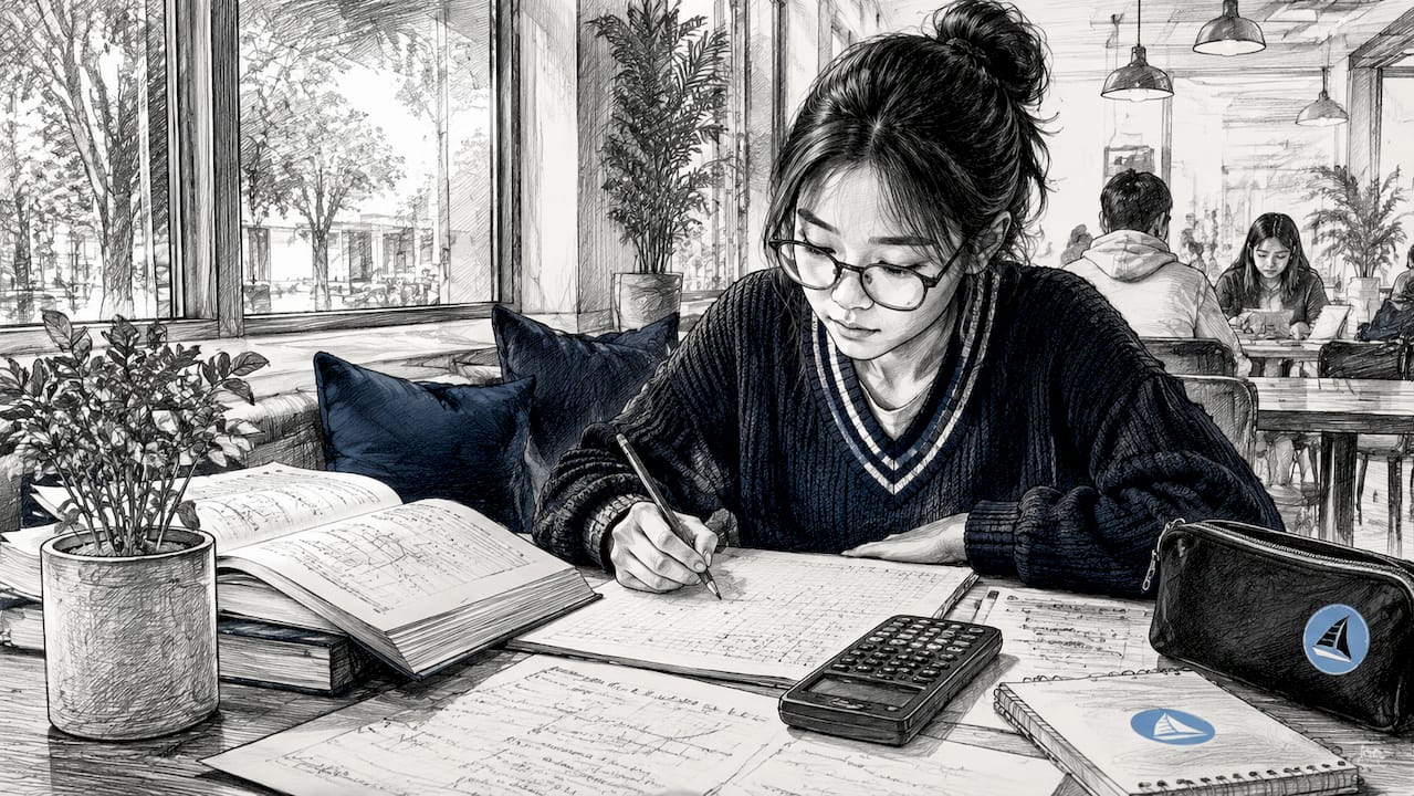 Student studying IB Maths exam at desk