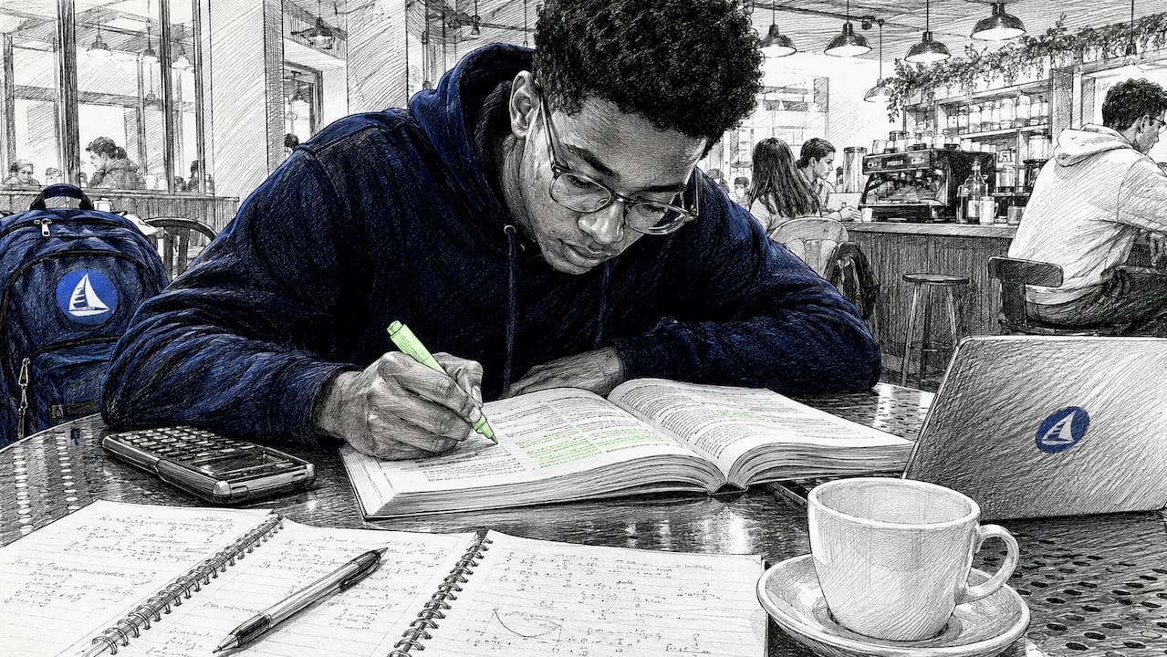 Student studying IB Maths syllabus notes in library