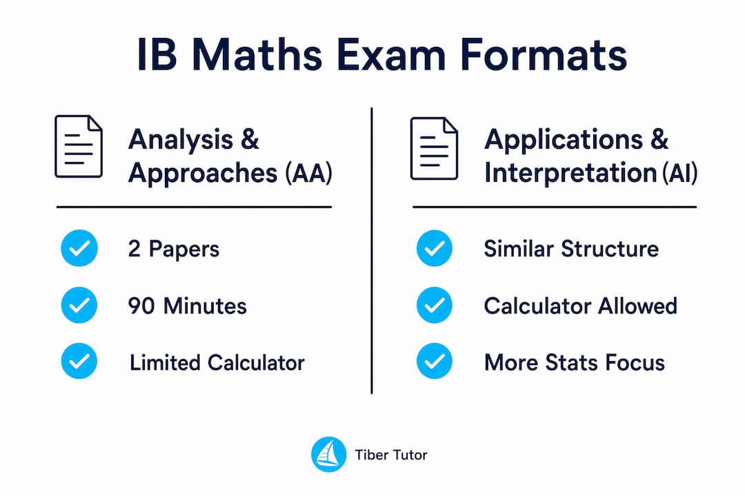 Infographic comparing IB Maths AA and AI exam formats