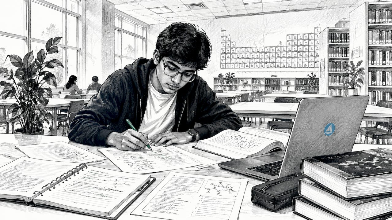 Student studying IB Chemistry notes at desk