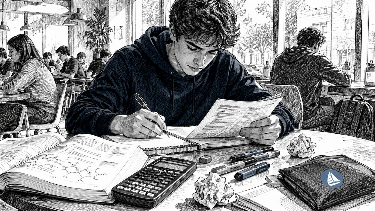 Student studying IB Chemistry vocabulary at desk