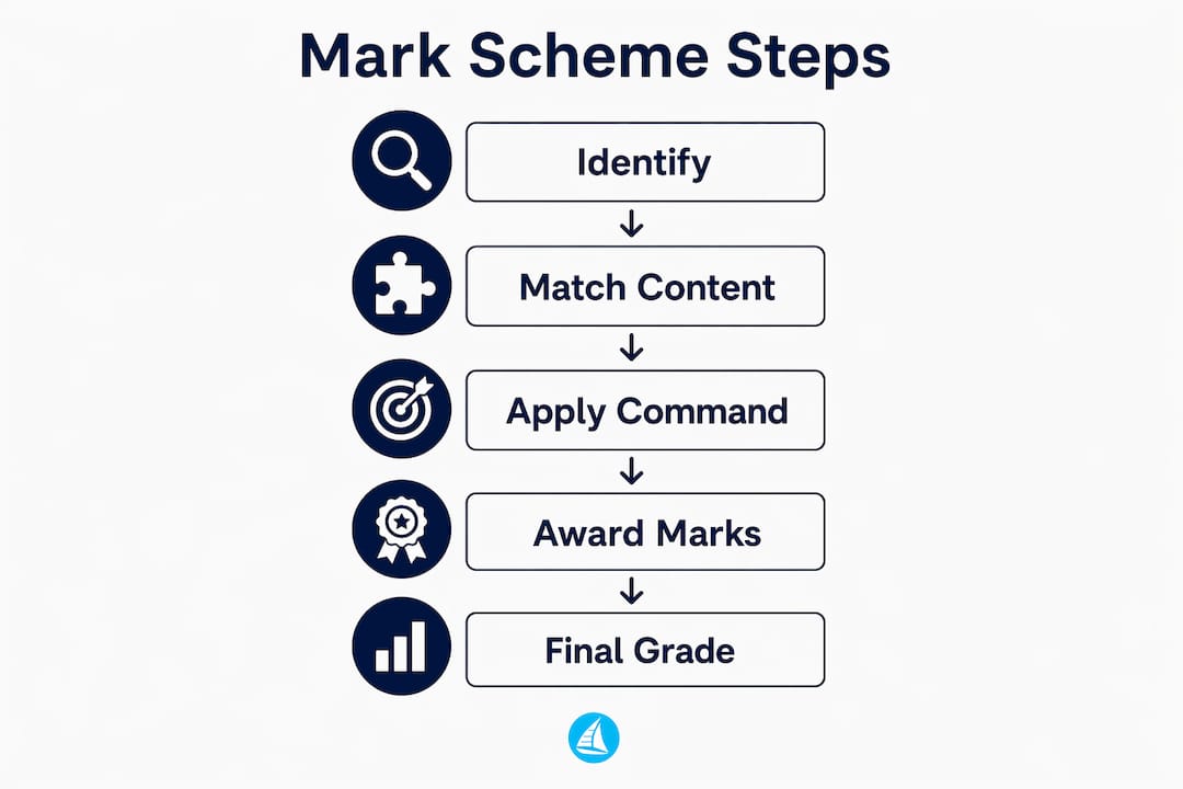 Infographic showing steps to use IB science mark scheme