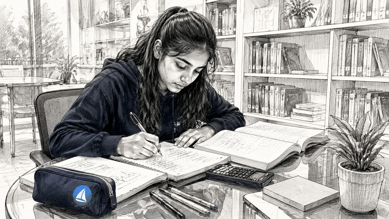 Student studying IB Math calculus at desk