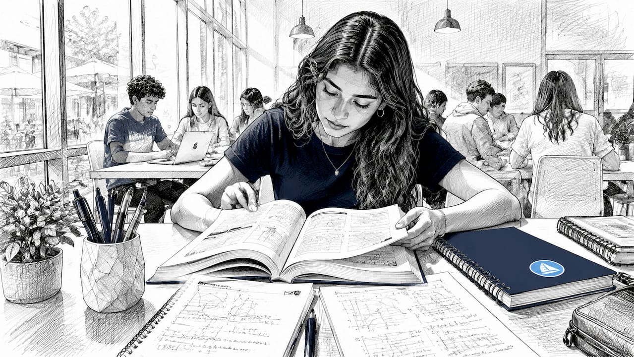 Student studying IB Physics syllabus in library
