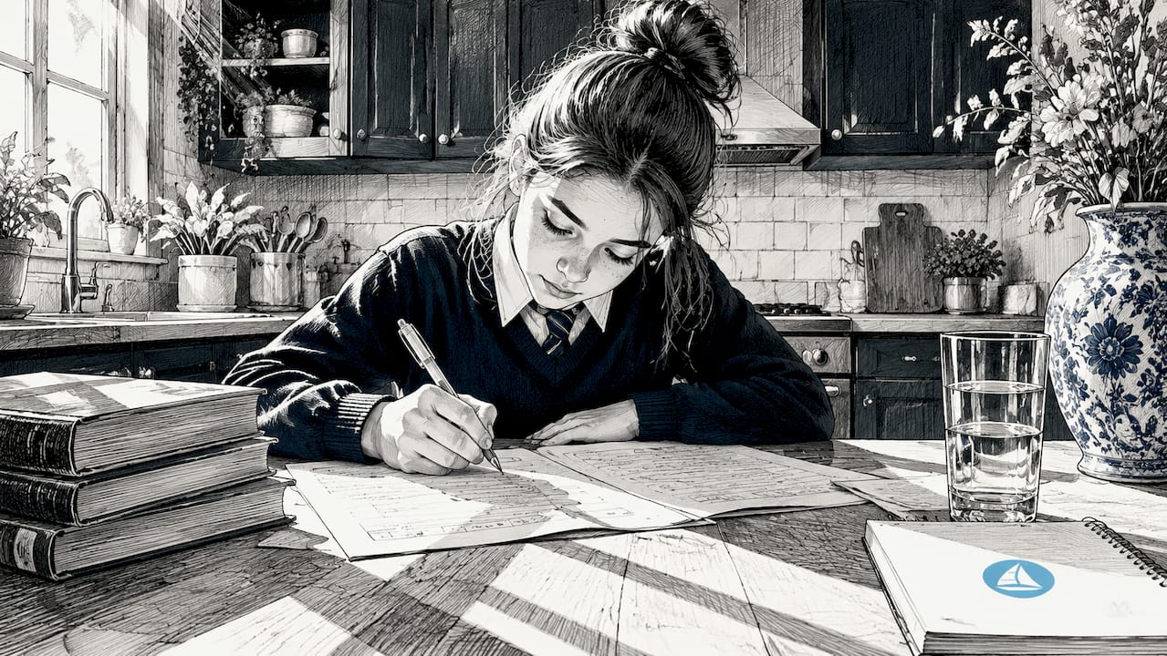 Student writing on IB past paper at desk