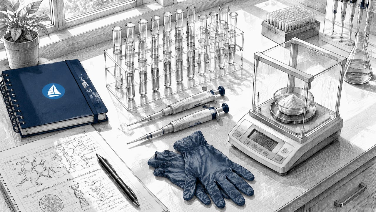 Detailed close-up of biology lab tools and workspace