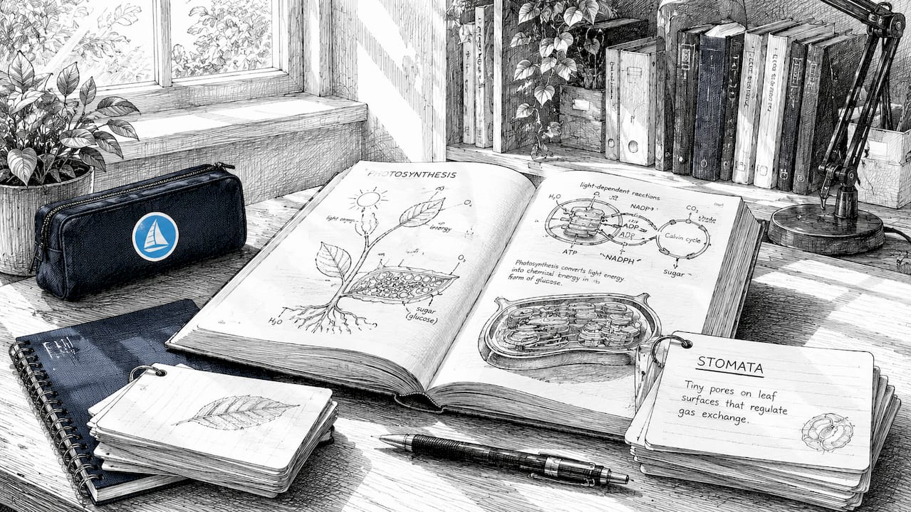 Black and white study desk with science materials